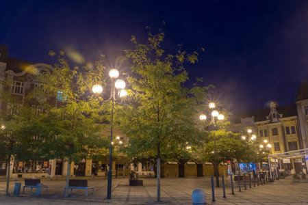 Ostrava, Czech Republic - August 29, 2019: Square in city center of Ostrava at night.のeditorial素材