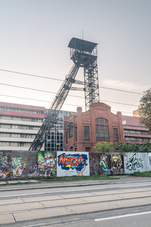Ostrava, Czech Republic - August 29, 2019: Tower shaft, coal mine Jindrich at sunsrise.のeditorial素材