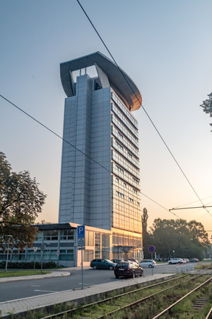 Ostrava, Czech Republic - August 29, 2019: Sunrise view with Innogy building.のeditorial素材