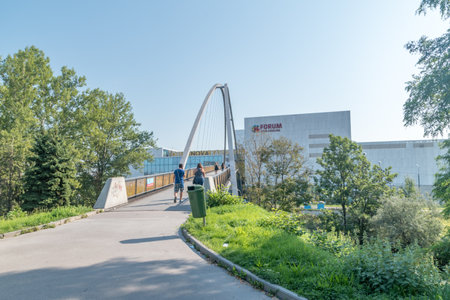 Ostrava, Czech Republic - August 29, 2019: Pedestrian bridge to Forum shopping mall.のeditorial素材