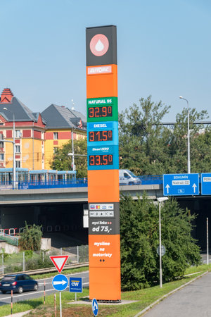 Ostrava, Czech Republic - August 29, 2019: Price board at Eurobit gasoline station.のeditorial素材