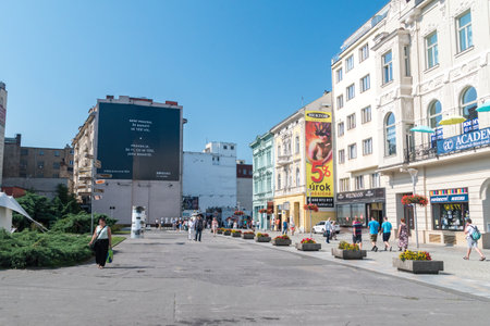 Ostrava, Czech Republic - August 29, 2019: Street view with people of Ostrava city center.のeditorial素材