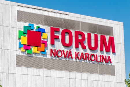 Ostrava, Czech Republic - August 29, 2019: Logo and sign of Forum Nova Karolina shopping mall.のeditorial素材