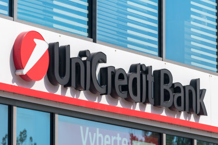 Ostrava, Czech Republic - August 29, 2019: Unicredit bank branch sign.のeditorial素材