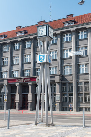 Ostrava, Czech Republic - August 29, 2019: Clock with the coat of arms of Ostrava.のeditorial素材