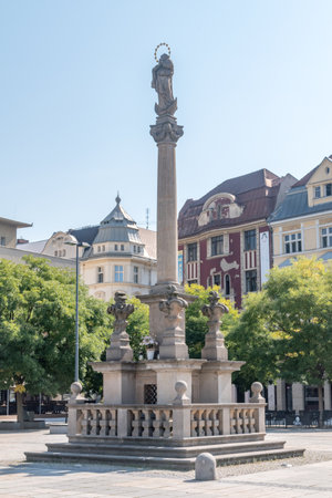 Ostrava, Czech Republic - August 29, 2019: Marian Column (1702) at Masaryk square.のeditorial素材