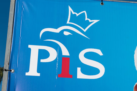 Kwidzyn, Poland - September 22, 2019: Close-up of logo of Law and Justice (Polish: Prawo i Sprawiedliwosc) polish political party.のeditorial素材