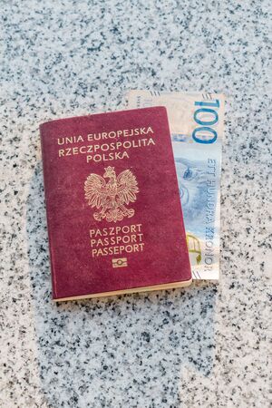 Polish biometric passport and Swedish Currency.の写真素材