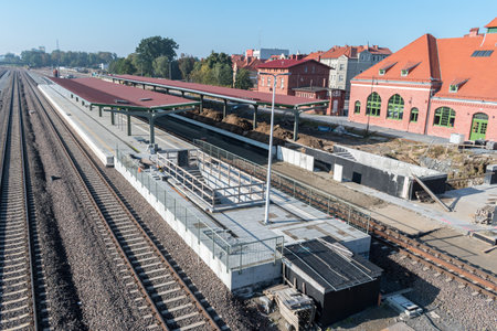 Kwidzyn, Poland - September 22, 2019: Railway tracks on Kwidzyn railway station.のeditorial素材