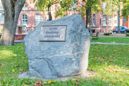 Kwidzyn, Poland - September 22, 2019: Stone on Cursed soldiers square in Kwidzyn.のeditorial素材