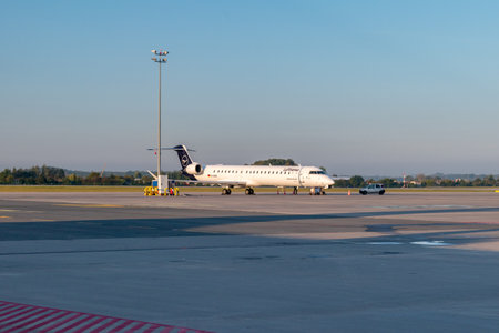 Gdansk, Poland - September 24, 2019: Lufthansa Bombardier CRJ-900LR on Gdansk airport.のeditorial素材