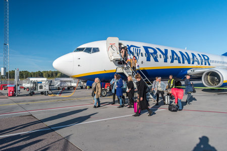 Nykoping, Sweden - September 24, 2019: Passengers left Ryanair aircraft on Stockholm Skavsta Airport.のeditorial素材