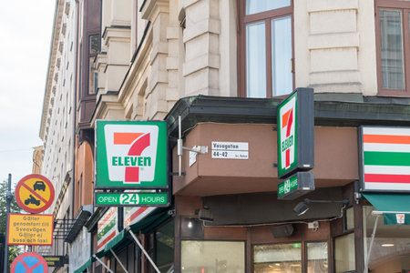 Stockholm, Sweden - September 24, 2019: Logo and sign of 7-Eleven.のeditorial素材