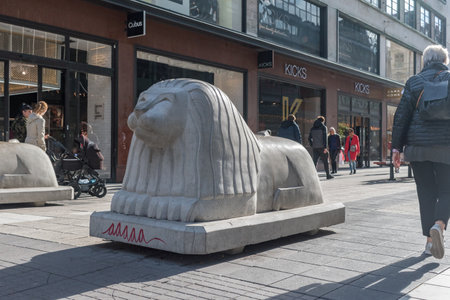 Stockholm, Sweden - September 24, 2019: Lion sculpture on Drottninggatan street in Stockholm.のeditorial素材