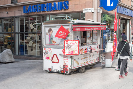 Stockholm, Sweden - September 24, 2019: Street food booth on Drottninggatan street.のeditorial素材