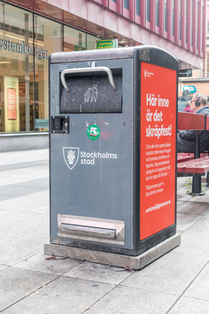 Stockholm, Sweden - September 24, 2019: Street rubbish bin or trash can in Stockholm.のeditorial素材