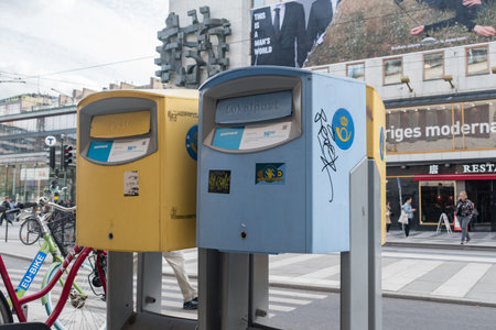 Stockholm, Sweden - September 24, 2019: Post office boxes of PostNord Sverige, Swedish post.のeditorial素材