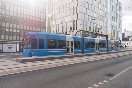 Stockholm, Sweden - September 24, 2019: Blue tram of public transport in Stockholm.のeditorial素材
