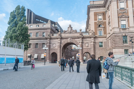 Stockholm, Sweden - September 24, 2019: Entrance gate on Helgeandsholmen island in Gamla Stan.のeditorial素材