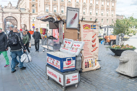 Stockholm, Sweden - September 24, 2019: Fast food cart selling Hot-Dogs and clod drinks.のeditorial素材