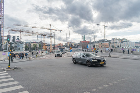 Stockholm, Sweden - September 24, 2019: City traffic near Katarinavagen bridge.のeditorial素材