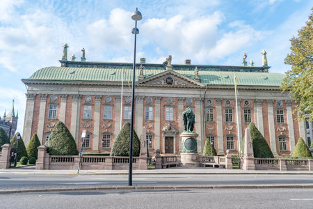 Stockholm, Sweden - September 24, 2019: The House of Nobility, south end, with statue of Gustaf Eriksson Vasa.のeditorial素材