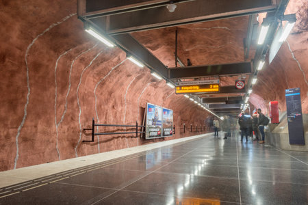 Stockholm, Sweden - September 24, 2019: Platform at underground metro station Radhuset.のeditorial素材