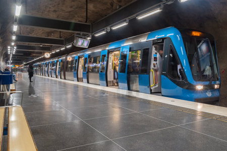 Stockholm, Sweden - September 24, 2019: Modern metro train standing at underground station in Stockholm.のeditorial素材