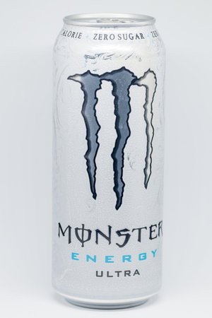 Pruszcz Gdanski, Poland - October 3, 2019: Can of Monster Energy Drink ultra.のeditorial素材