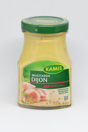 Pruszcz Gdanski, Poland - October 3, 2019: Kamis Dijon mustard in a glass jar.のeditorial素材