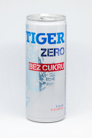 Pruszcz Gdanski, Poland - October 3, 2019: Tiger zero energy drink. Energy drink without sugar.のeditorial素材
