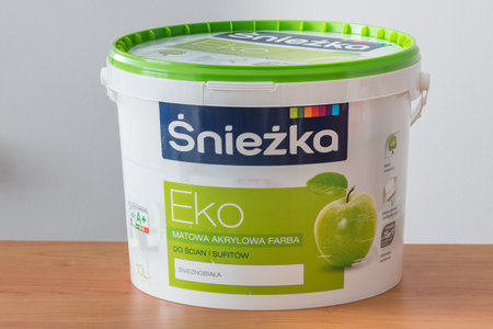 Pruszcz Gdanski, Poland - October 4, 2019: Sniezka Eko snow-white matt acrylic paint.のeditorial素材