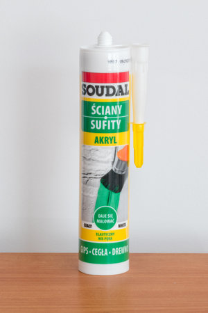 Pruszcz Gdanski, Poland - October 7, 2019: Soudal tube with white acrylic.のeditorial素材