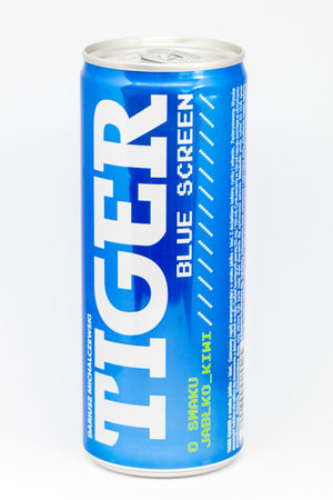 Pruszcz Gdanski, Poland - October 9, 2019: Can of Tiger Blue Screen energy drink.のeditorial素材