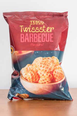 Pruszcz Gdanski, Poland - October 9, 2019: Bag of Tesco Twissster barbecue flavoured.のeditorial素材