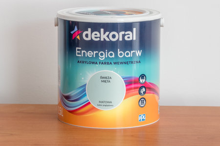 Pruszcz Gdanski, Poland - October 7, 2019: Dekoral energia barw acrylic paint. Fresh mint color.のeditorial素材