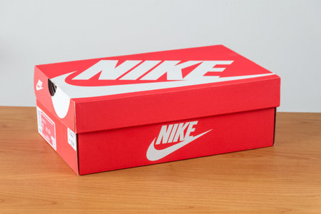 Pruszcz Gdanski, Poland - October 19, 2019: Red Nike shoe box.のeditorial素材