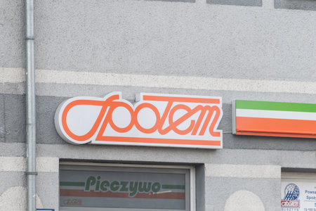 Szczytno, Poland - October 31, 2019: Spolem logo and sign. PSS Spolem is a Polish consumers co-operative of local grocery stores founded in 1868.のeditorial素材