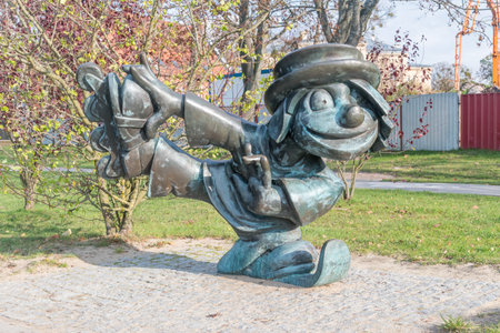 Szczytno, Poland - October 31, 2019: Sculpture next to Dlugie lake in Szczytno.のeditorial素材