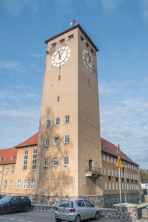 Szczytno, Poland - October 31, 2019: View of tower of town hall.のeditorial素材