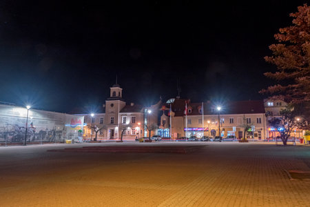 Lomza, Poland - October 31, 2019: St. Stary Rynek square with city hall of Lomza at night.のeditorial素材