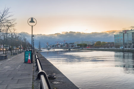 Dublin, Ireland - November 5, 2019: Sunrise view on River Liffey.
