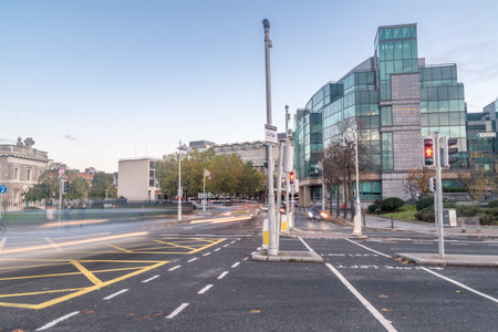 Dublin, Ireland - November 5, 2019: Morning view of street near Liffey river in Dublin.のeditorial素材