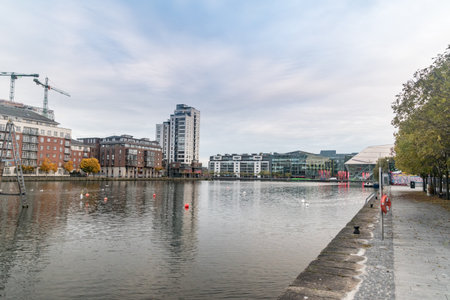 Dublin, Ireland - November 6, 2019: Modern Dublin Docklands at Grand Canal Square.