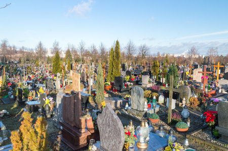 Gdansk, Poland - September 24, 2019: Graves at Gdansk Lostowice cemetery.