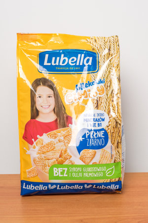 Pruszcz Gdanski, Poland - December 31, 2019: Lubella Mlekolaki CiMiSy breakfast cereals.のeditorial素材
