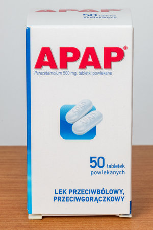 Pruszcz Gdanski, Poland - December 31, 2019: Box of 50 Apap pain killers.のeditorial素材