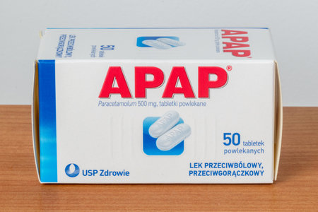 Pruszcz Gdanski, Poland - December 31, 2019: 50 Apap pain killers. Apap is medication used to treat painのeditorial素材