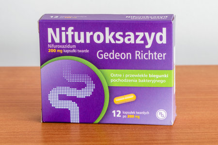 Pruszcz Gdanski, Poland - January 3, 2020: Nifuroksazyd medical against diarrhea with Nifuroxazidum.のeditorial素材