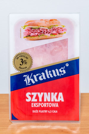 Pruszcz Gdanski, Poland - January 3, 2020: Pack of Krakus Szynka eksportowa (export ham).のeditorial素材